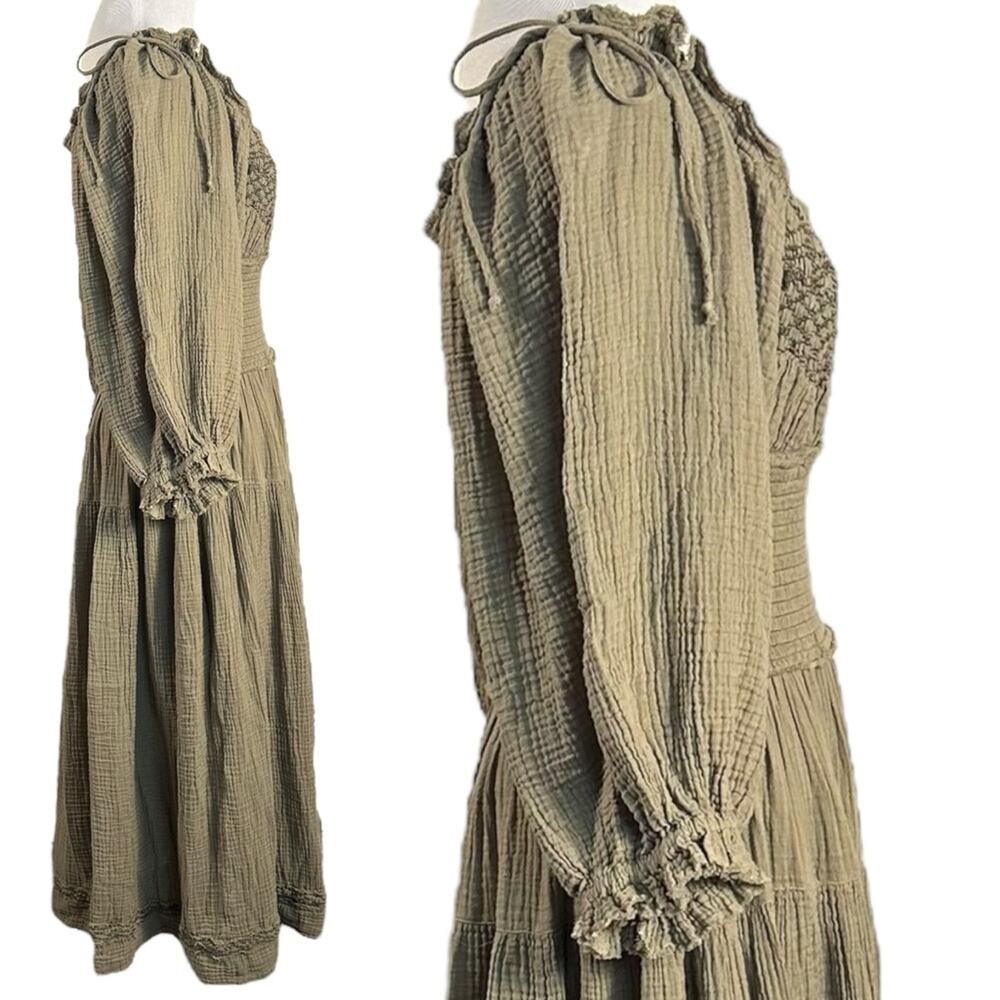 Free People Bohemian Witchy Gypsy Midi Maxi Gauze Dress Olive Small Renaissance - Picture 8 of 14